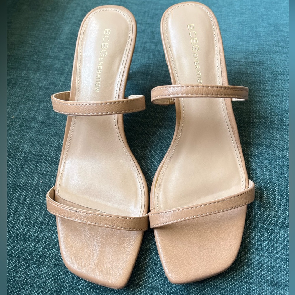 BCBGeneration Nude Double-Strap Slide Heels